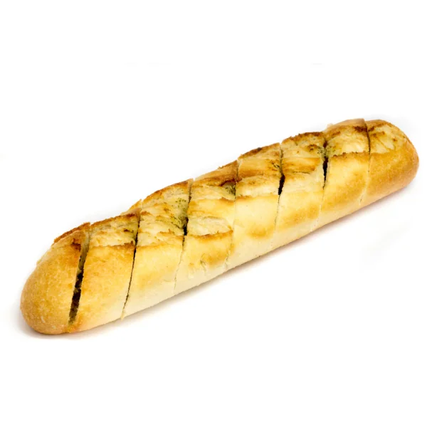 Freshly baked garlic loaf with golden crust and herb butter drizzle